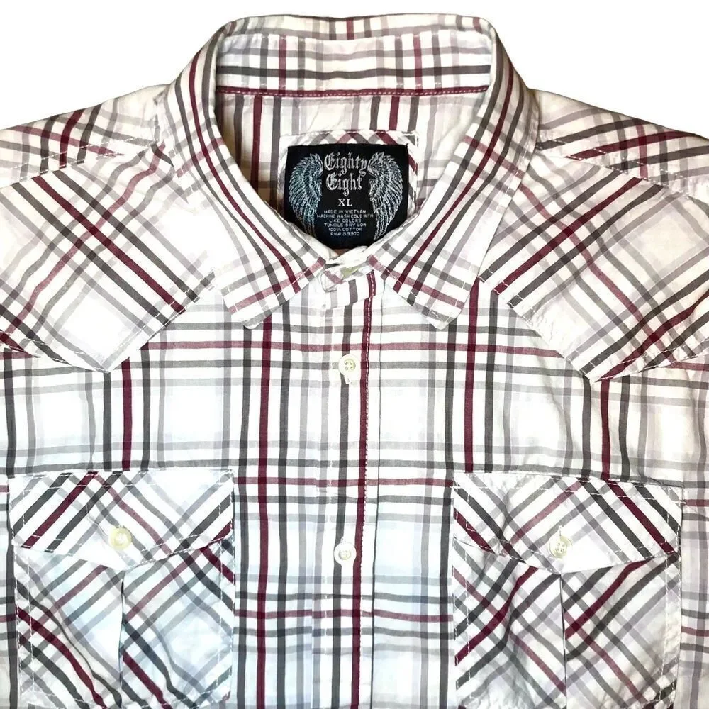 Eighty Eight Plaid Western Long Sleeve Shirt in White/Grey/Burgundy Men’s XL